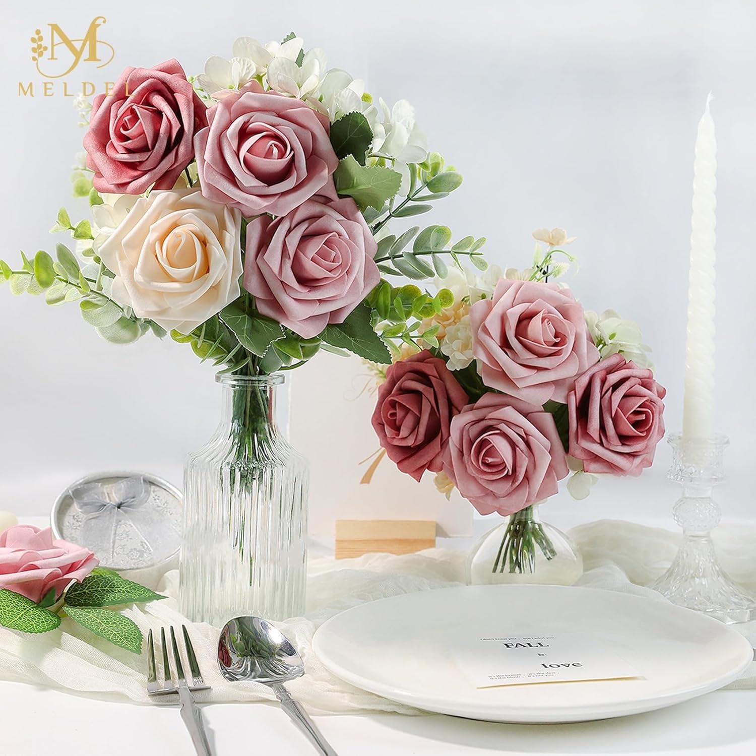Meldel Artificial Flower 25pcs Real Touch Blush Pink Rose Fake Foam Roses with Stems for DIY Wedding Bouquets Gifts Bridal Shower Faux Floral Centerpieces Arrangements Home Party Tables Decorations - Image 5