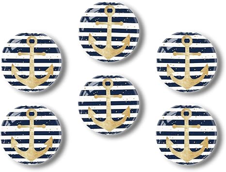 6Pcs Glass Refrigerator Magnet Fridge Decor for Whiteboard,Cabinet,Nautical Themed Gold Anchor Art