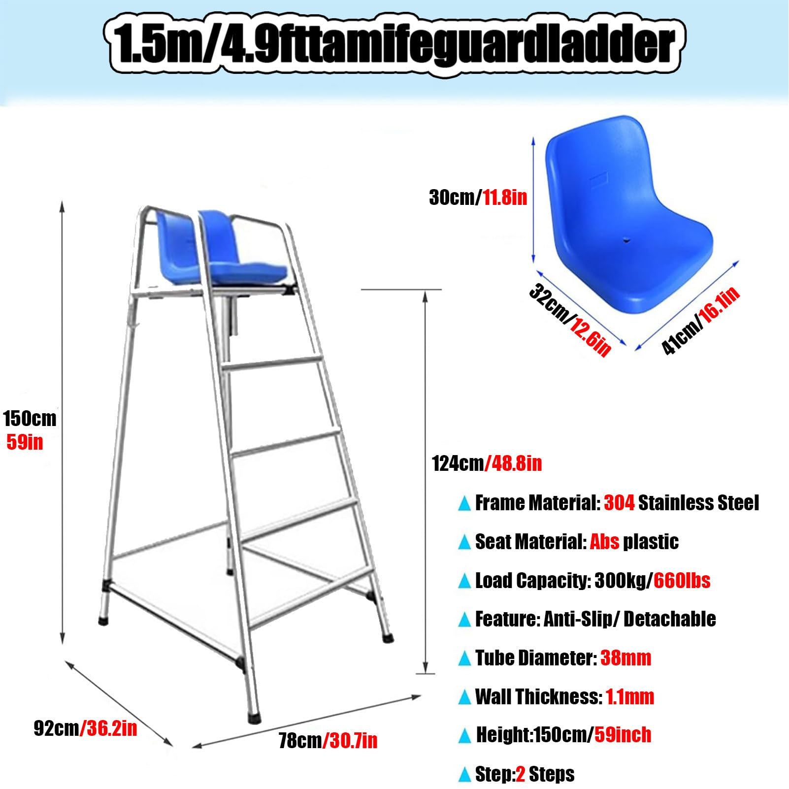 Chaise de sauvetage d'extérieur pour piscine, plage, lac, terrasse - Acier inoxydable 210 - Charge maximale : 330 kg - Hauteur : 1,5 m