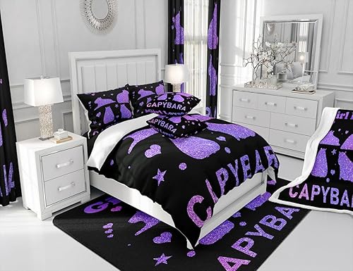 Miniatura 7 de Feelyou Juego de edredón de dibujos animados de Capybara, tamaño individual con 1 funda de almohada, juego de ropa de cama con estampado de