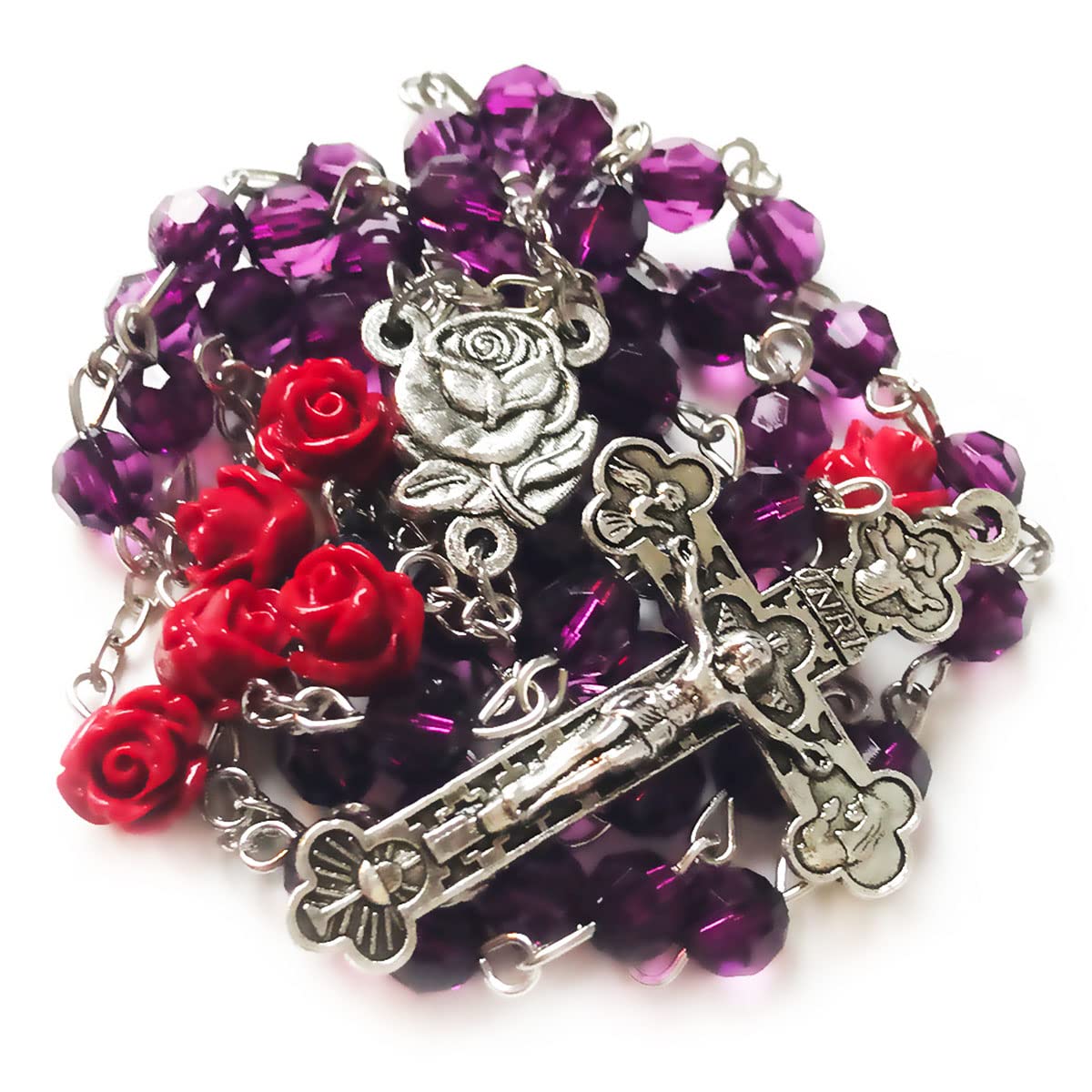 Lourdes Purple Crystal Cut Red Rose Rosary Beads Catholic for Women - Catholic Gifts - Rosary Necklace for Women