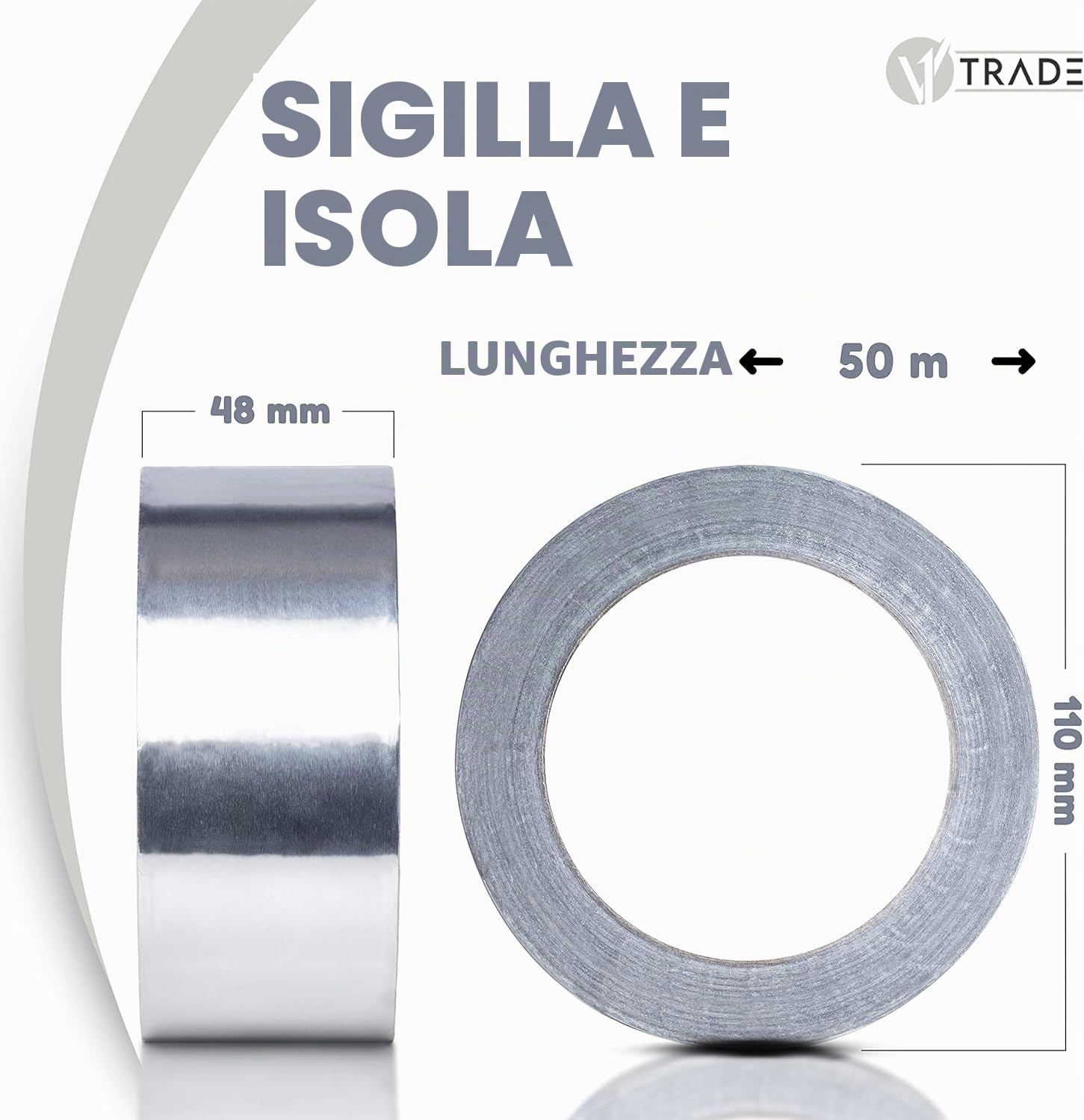 V1 TRADE Nastro Alluminio Adesivo Alte Temperature 48 mm x 50 m - Nastro Adesivo Alluminio per Riparazioni - Resistente ad Acqua