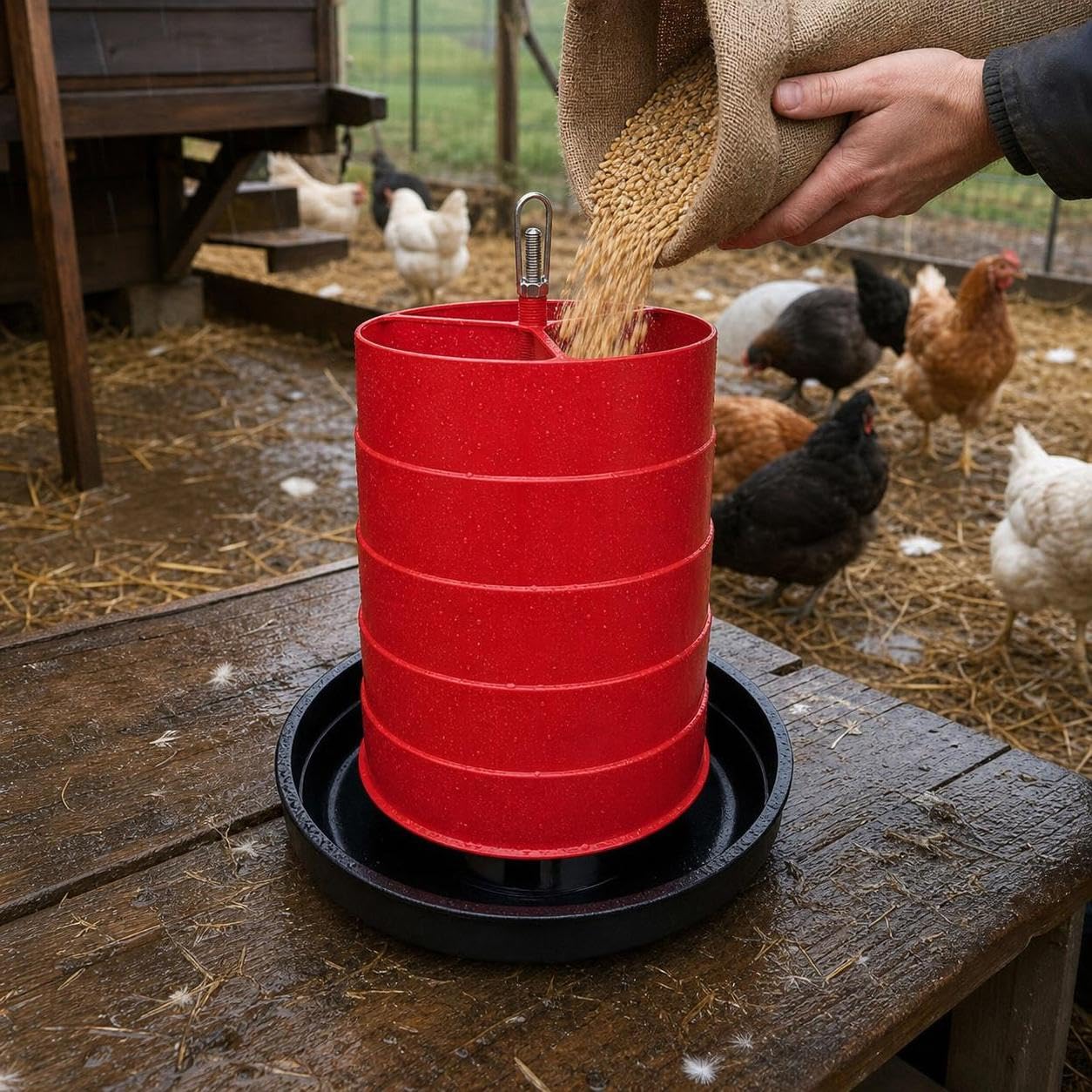 Mangiatoia per Pollame in Plastica | Plastica resistente - animali da cortile - trasporto mangime facile - per allevamento pollame - per allevatori - per esterno