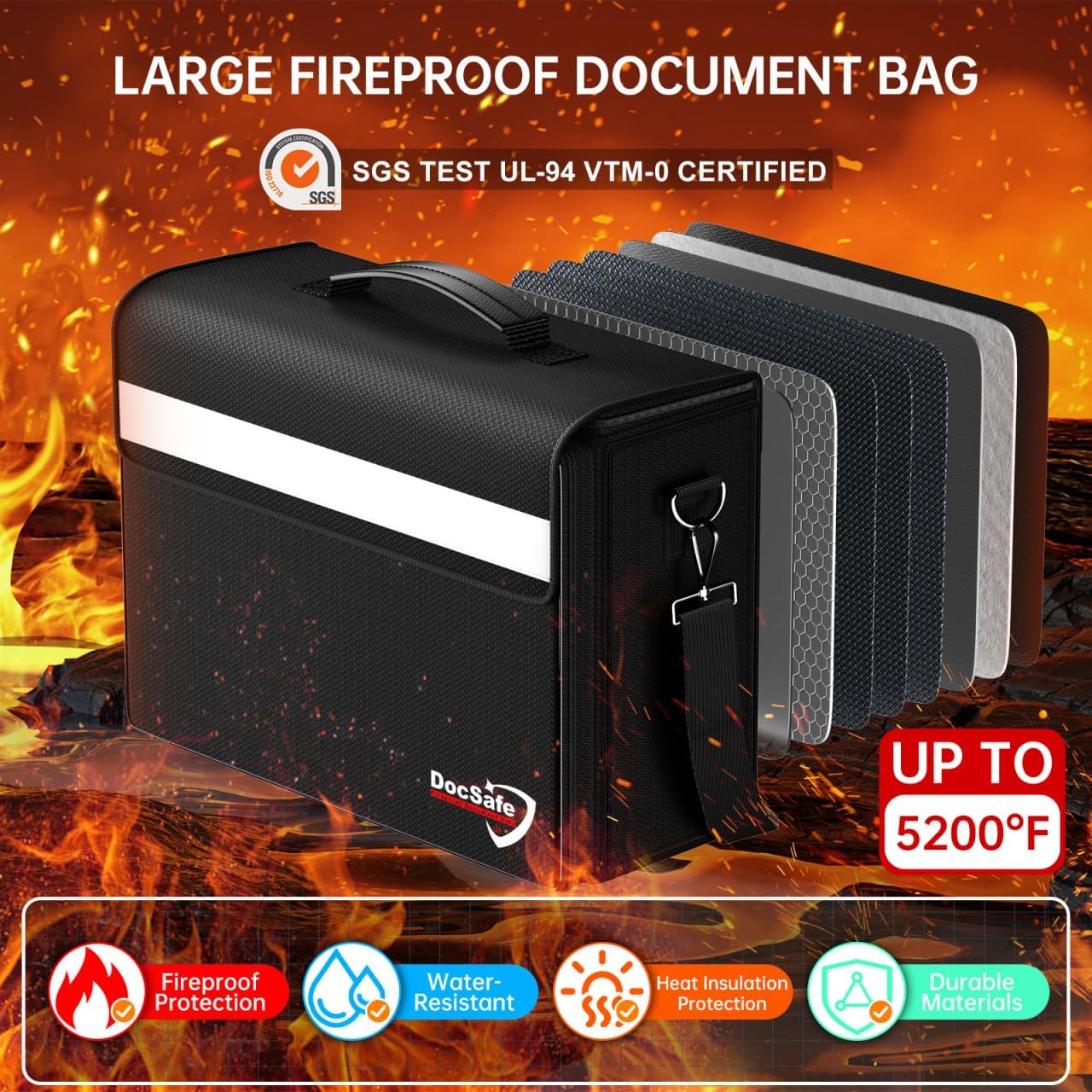 DocSafe Fireproof Document Bag with Multiple Pockets,5200°F Large (17”x12.5”x7.2”) File Organizer Fireproof Waterproof Bag Important Document Holder Home Office Portable Filing Storage for Valuables