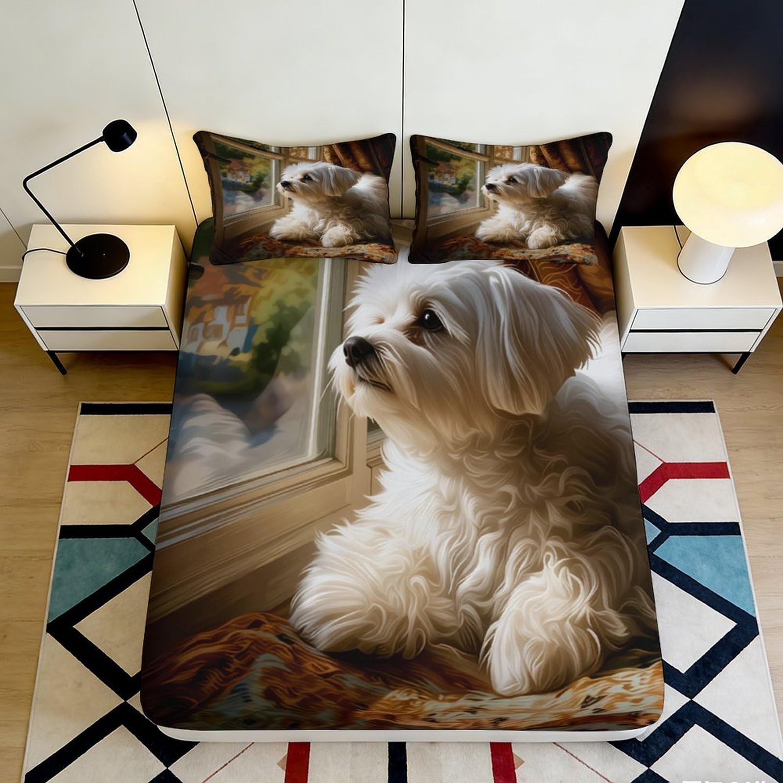 K1r3d9e5 Style-8 3D Printed White Dog Window Fitted Sheet Microfiber Soft Bedroom Decor Pet Style Mattress Cover For Home Dorm 90X200x25cm