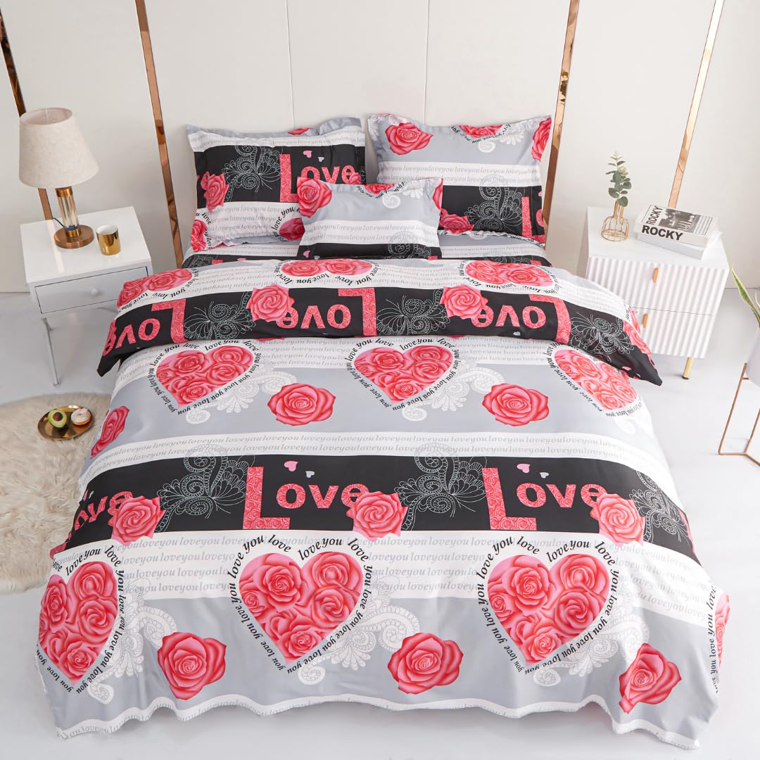 KUMY Juego de Funda Nórdica 5 Piezas: Funda nórdica,2 Fundas de Almohada, Funda de Cojín y Sábana Bajera- Estilo y Comodidad Total (Cama 135x190/200 + 220x220 + 2*(50x70) + 30x50, Love)