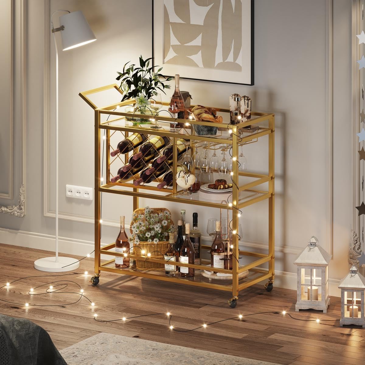 FATORRI Bar Cart Gold, Home Bar Serving Cart with Wine Rack and Glasses Holder, Wine Carts on Wheels with 3 Tier Mirrored Shelves for Liquor and Beverage (Gold)