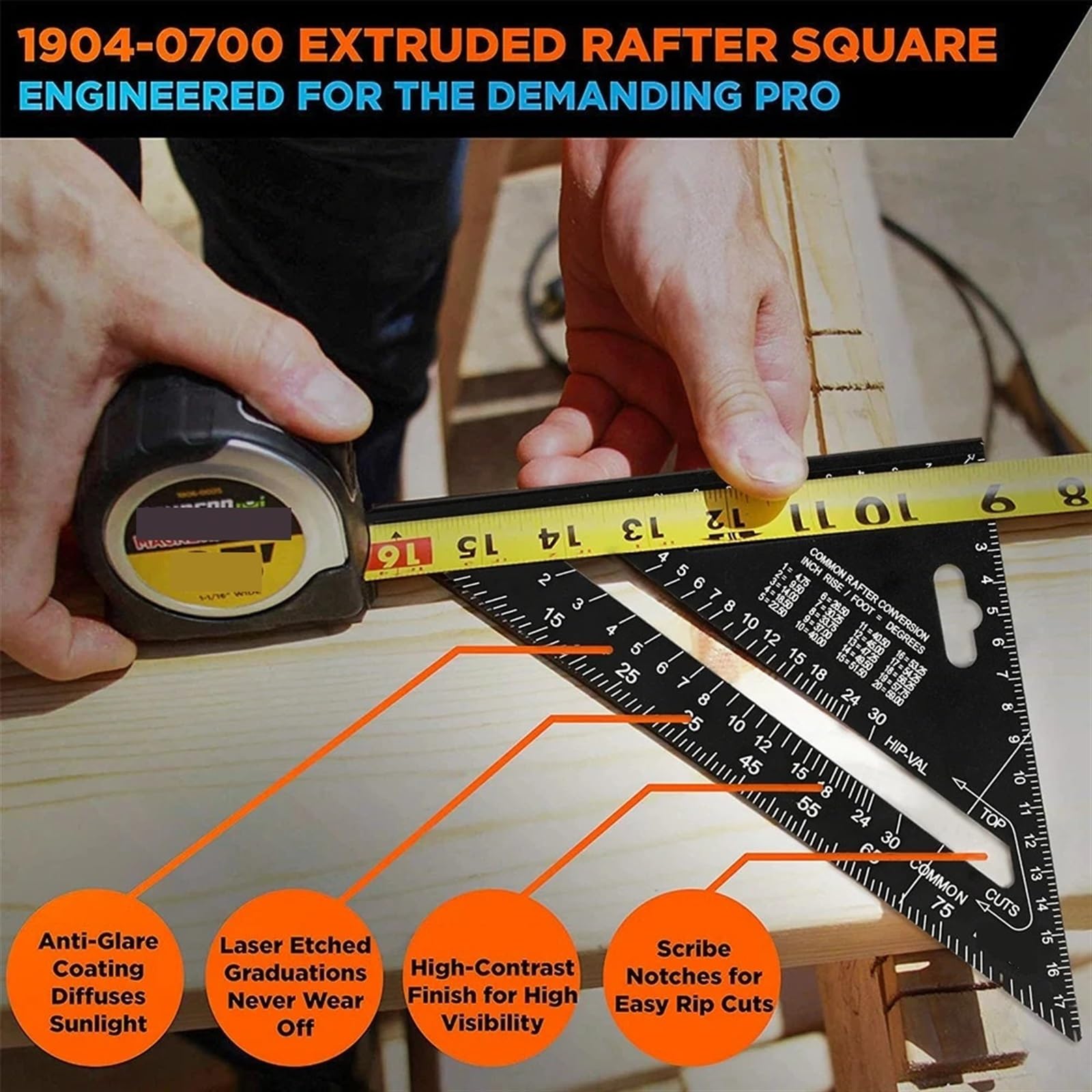 Rafter quadrato da 17,8 cm per falegnameria, strumento di misurazione in lega di metallo, righello triangolare goniometro per lavorazione del legno e carpenteria (17,8 cm metrico)