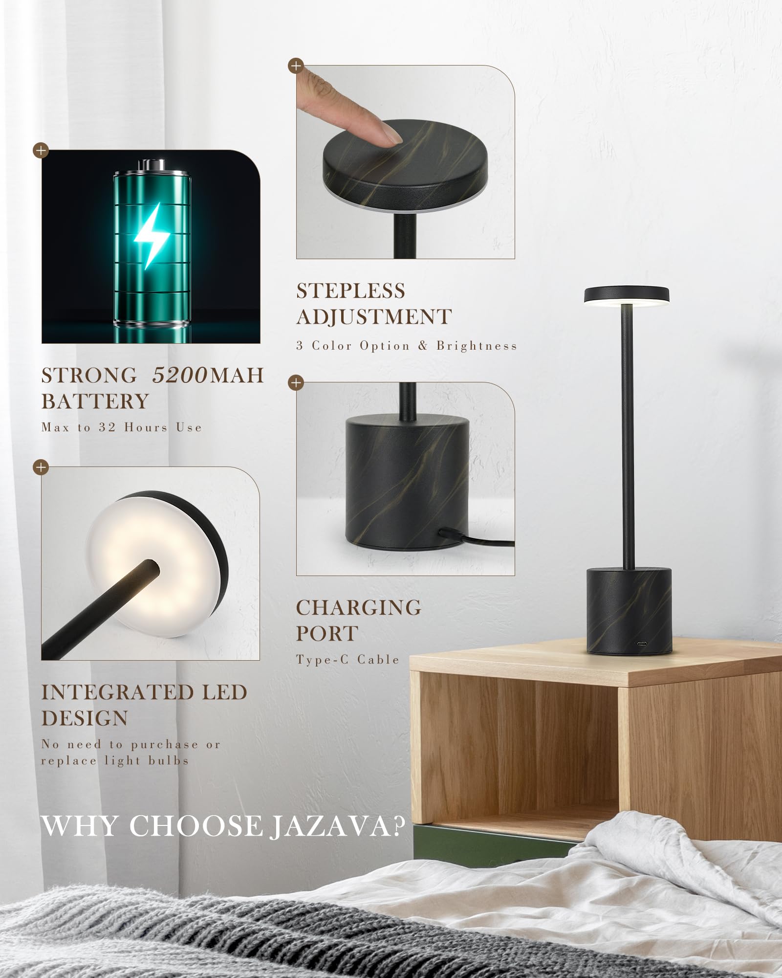 JAZAVA Cordless LED Desk Lamp, Black Table Lamp with 3 Colors