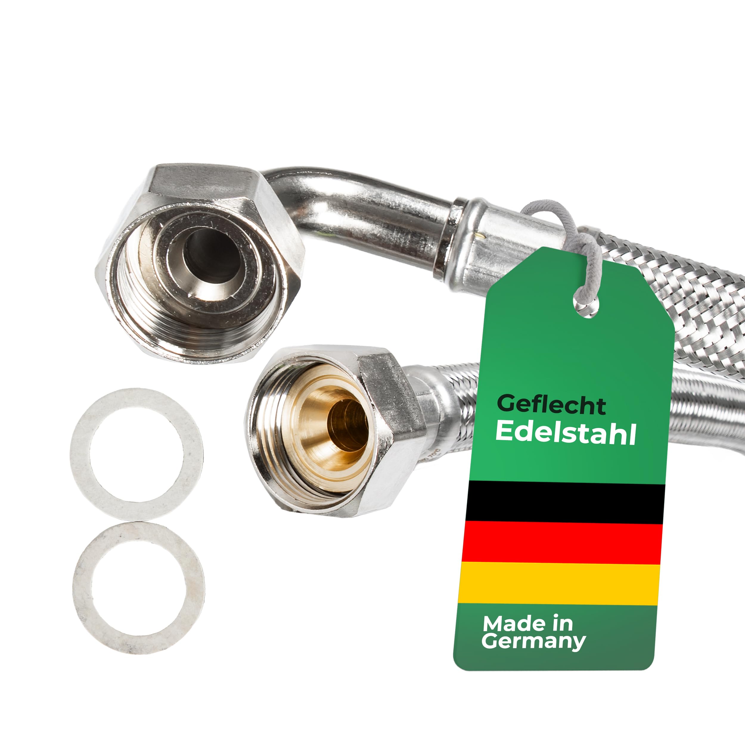H2O-Flex® Zulaufschlauch 70cm für die Waschmaschine oder Spülmaschine knickfester DN13 Panzerschlauch mit 3/4" Anschlüssen (ÜM x ÜM Bogen) und Edelstahl - Geflecht Aquastop Verlängerung