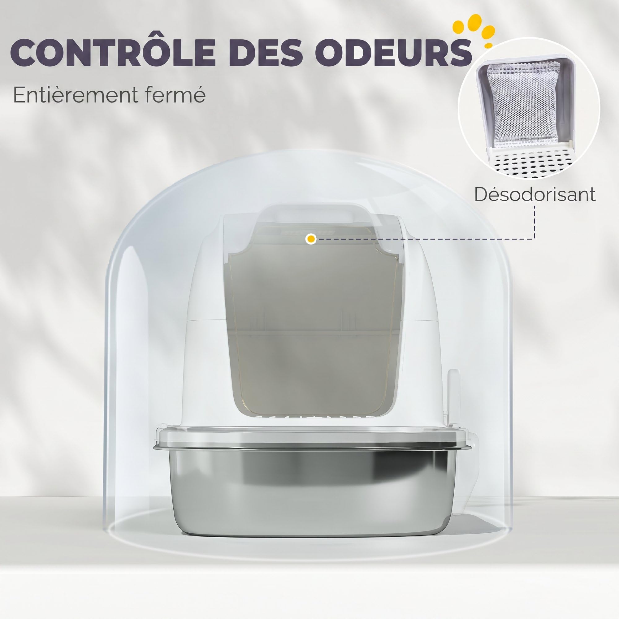 PawHut Bac à Litière pour Chat en Acier Inoxydable XL avec Couvercle Blanc