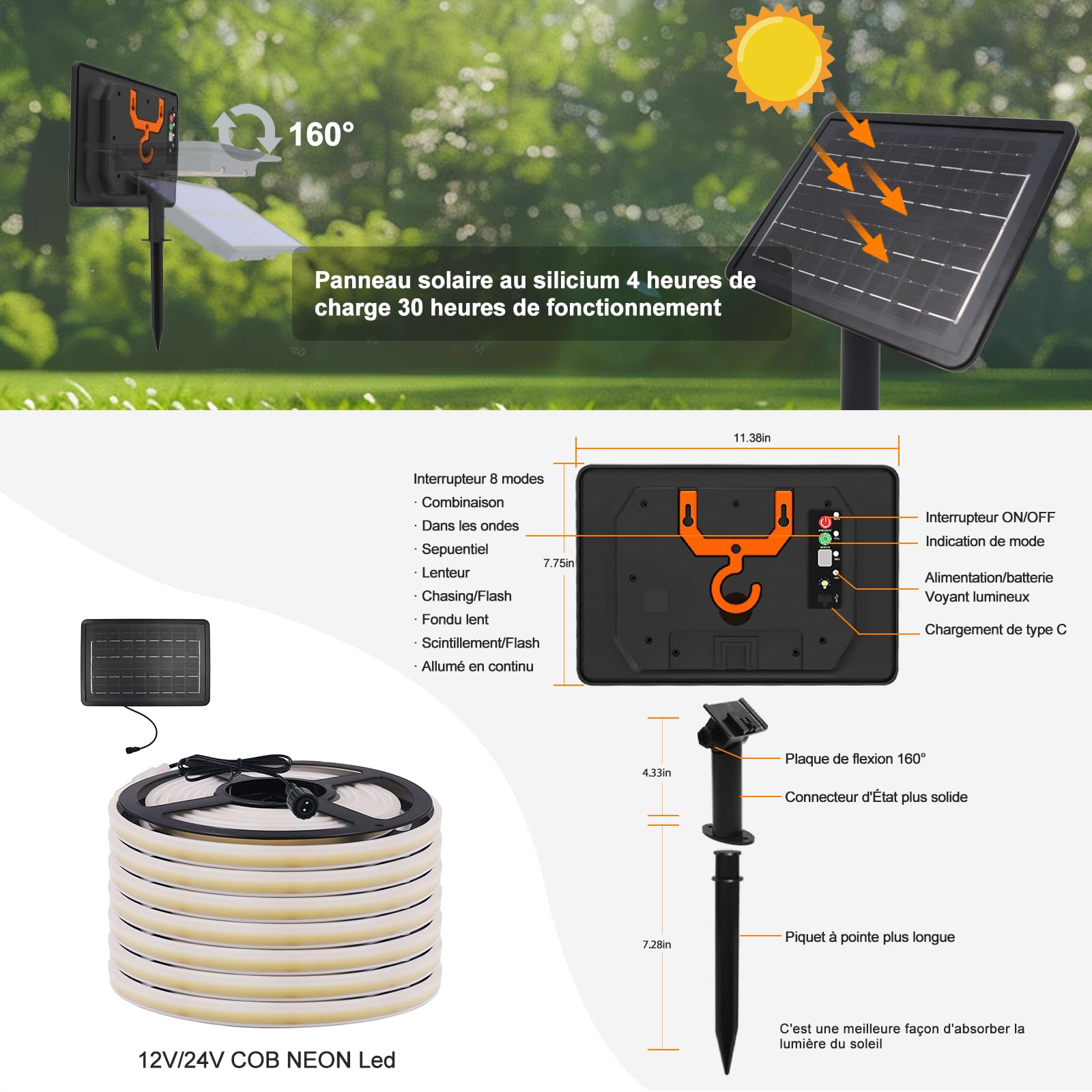 Bandes Led Solaires 24V Pour Extérieur, Haute Luminosité Néon Avec 320 Led/m, 8 Modes, Étanche, Batterie 7200mah, Parfait Pour Jardin, Cour Et Balcon (Blanc (6000-6500K), 6M)
