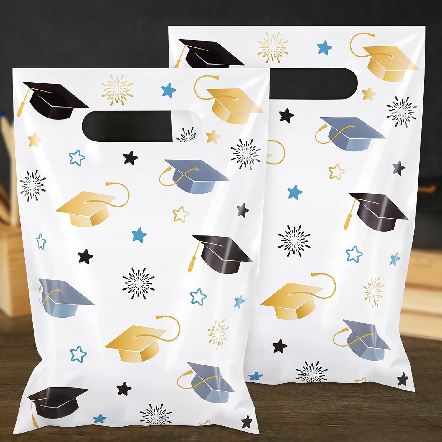 Hxezoc 50 Pieces Graduate Goodie Bags with Handle, Plastic Treat Candy Bag Graduation Party Favor Bags for Graduation Season Themed Party Decoration Supplies image 3