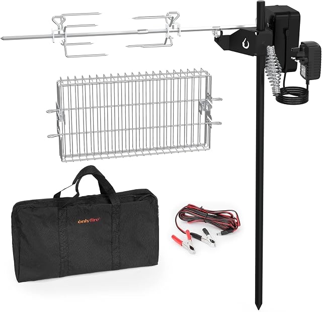 Onlyfire BBQ Rotisserie Grill Kit Floor Stand Spit Roaster including Rotisserie Basket, Spit Forks, Battery Motor with Power Adapter, Carrying Bag for Outdoor Camping Barbecue
