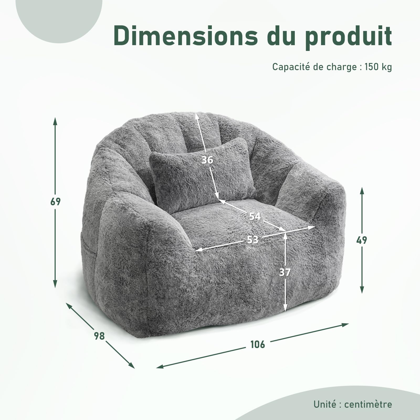 Pouf pour adultes, fauteuil lounge moelleux en fausse fourrure avec coussin, capacité de charge jusqu’à 160 kg, emballage sous vide & sans montage, pour salon, chambre, balcon, gris