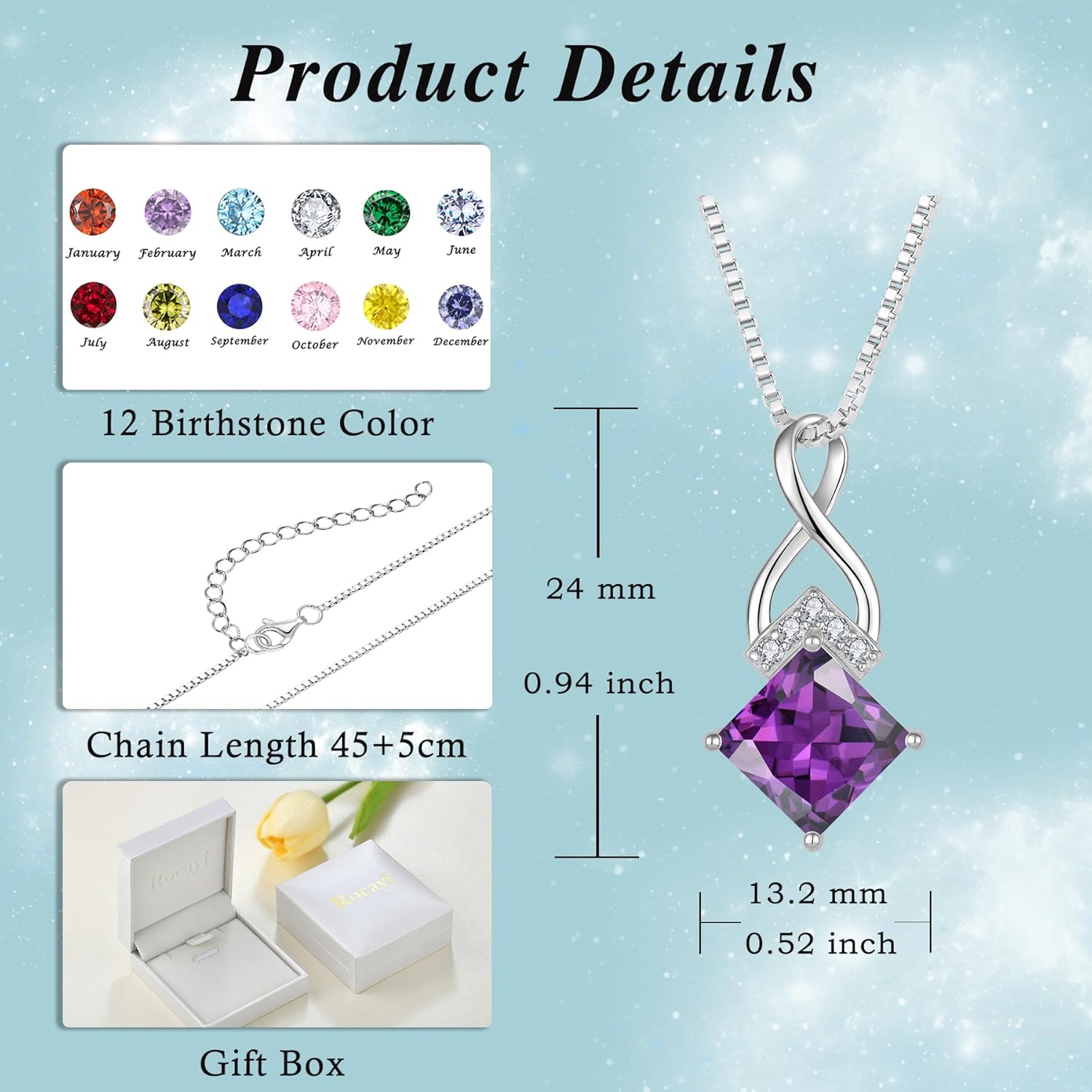 Infinity Necklace 925 Sterling Silver Princess Cut Pendant Birthstone Jewelry for Women - Image 7