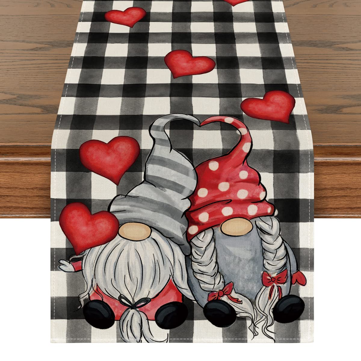 Artoid Mode Watercolor Buffalo Plaid Hearts Gnomes Love Valentine's Day Table Runner, Seasonal Anniversary Wedding Holiday Kitchen Dining Table Decoration for Indoor Outdoor Home Decor 13 x 108 Inch