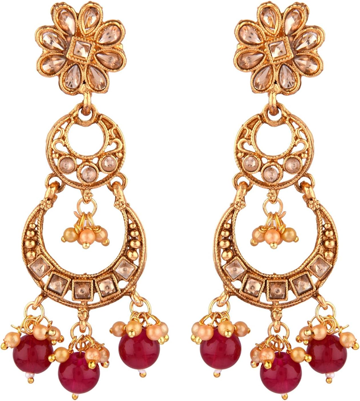 Efulgenz Indian Jewellery Choker Kundan Faux Pearl Necklace Earrings Maang Tikka Head Chain Bollywood Wedding Bridal Jewellery Set, Red