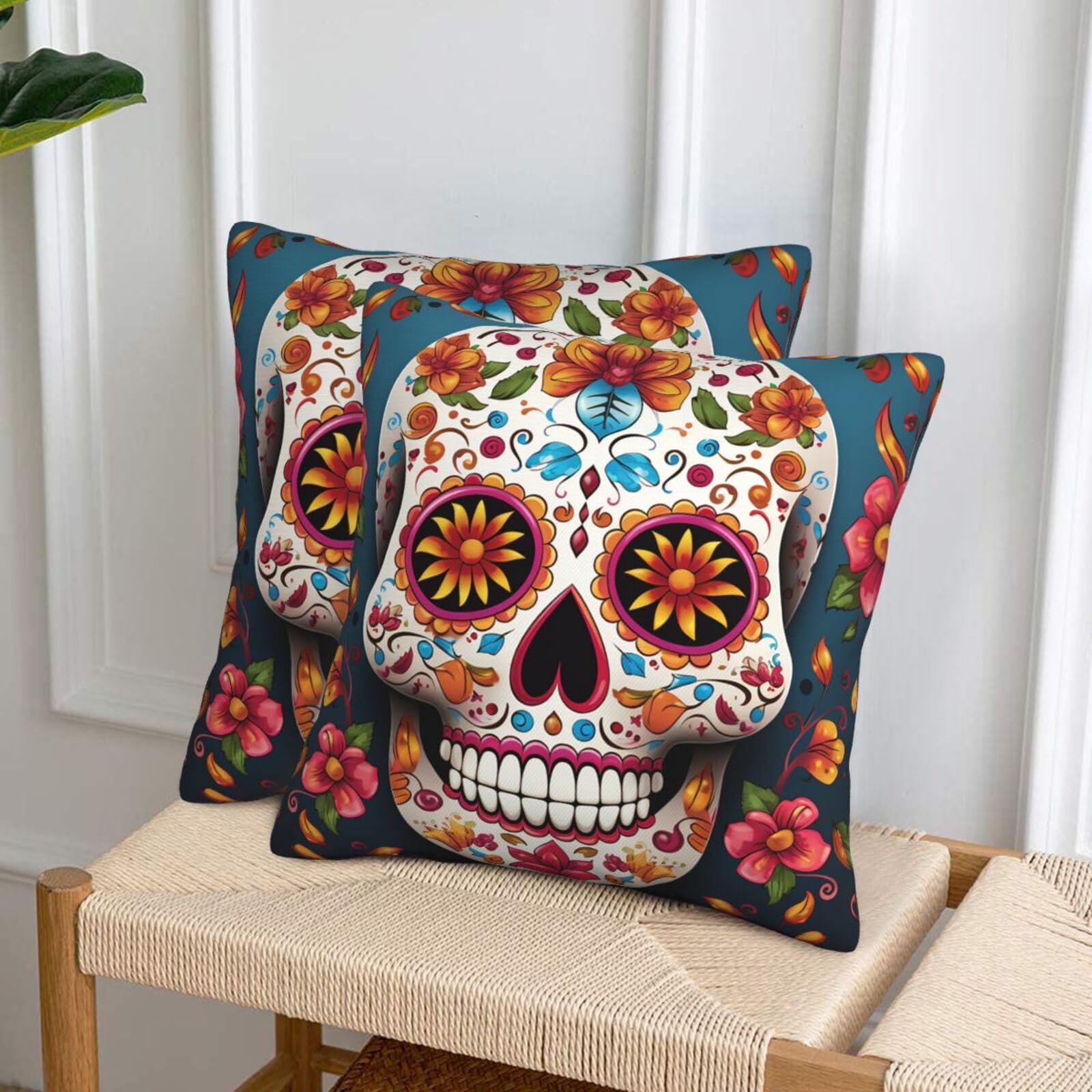 NONHAI Decorative Throw Pillow Covers Set of 2, 20"x20" Square Cushion Case Soft Comfy Colorful Sugar Skull Throw Pillows for Couch Cushion Livingroom Farmhouse Home Decor Pillowcases