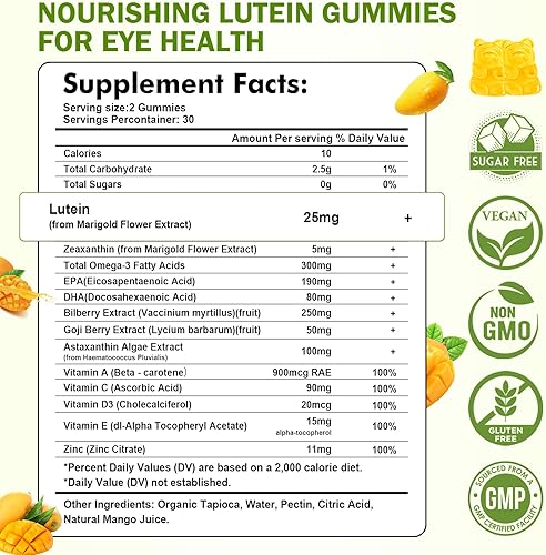Miniatura 4 de Gomitas de luteína con zeaxantina, vitaminas oculares con omega-3, arándano y astaxantina para la visión y la salud ocular, sabor a mango, 60