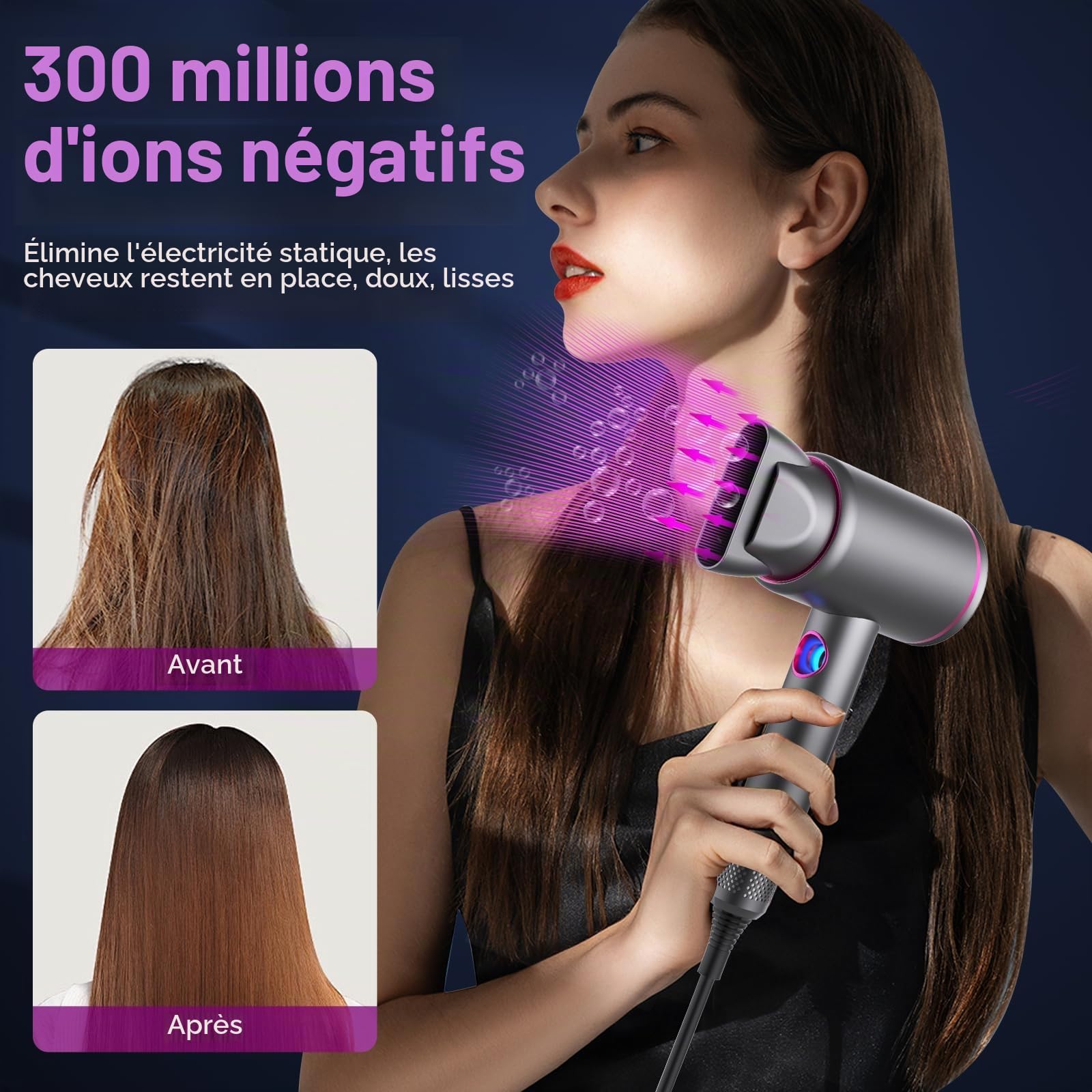 Anluomania Sèche-Cheveux Ionique, 2400W Seche Cheveux Professionnel, Sèche-cheveux Voyage, Hair Dryer Puissant 3 Températures/ 3 Vitesses, seche Cheveux Boucle, Seche Cheveux Silencieux Con 3 annexe