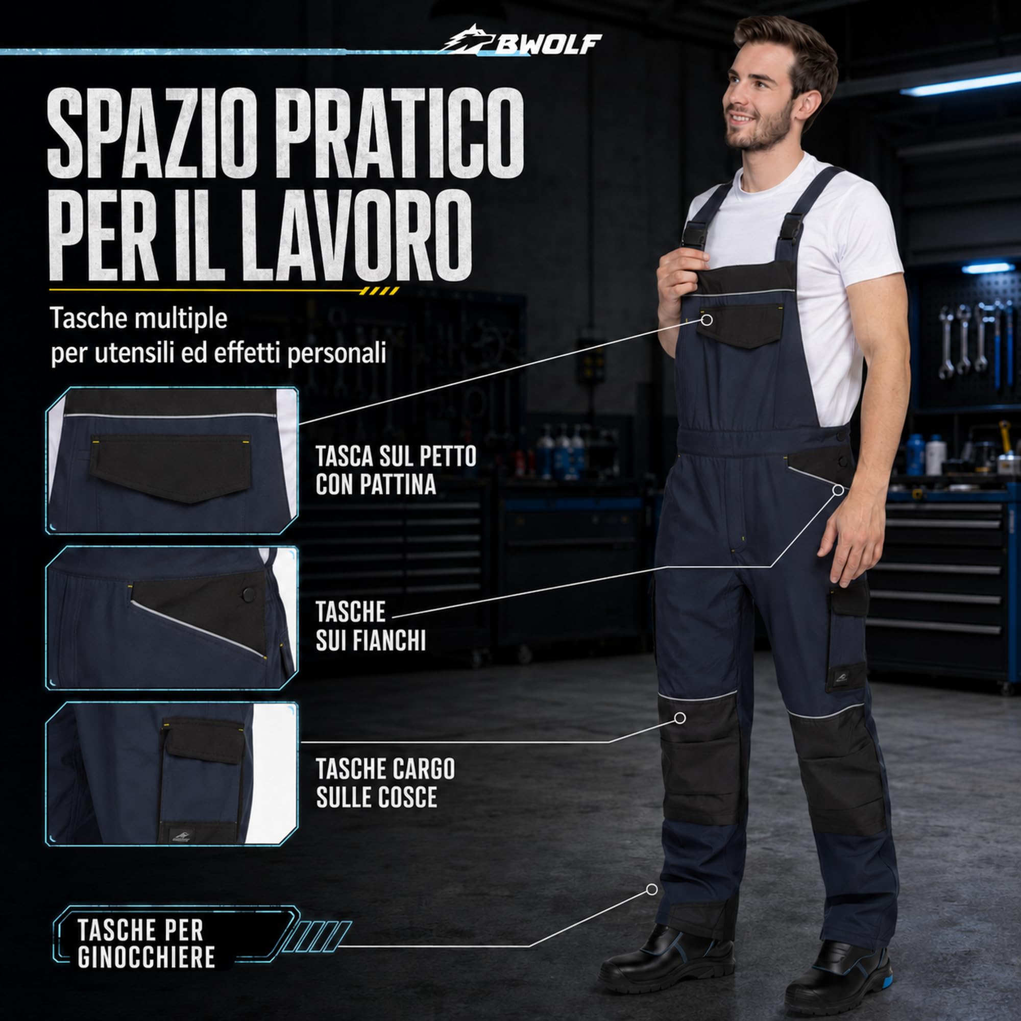 BWOLF DAYTONA ICE Salopette da uomo invernale – Softshell con elastico meccanico, antivento, resistente al freddo e robusto con elementi riflettenti