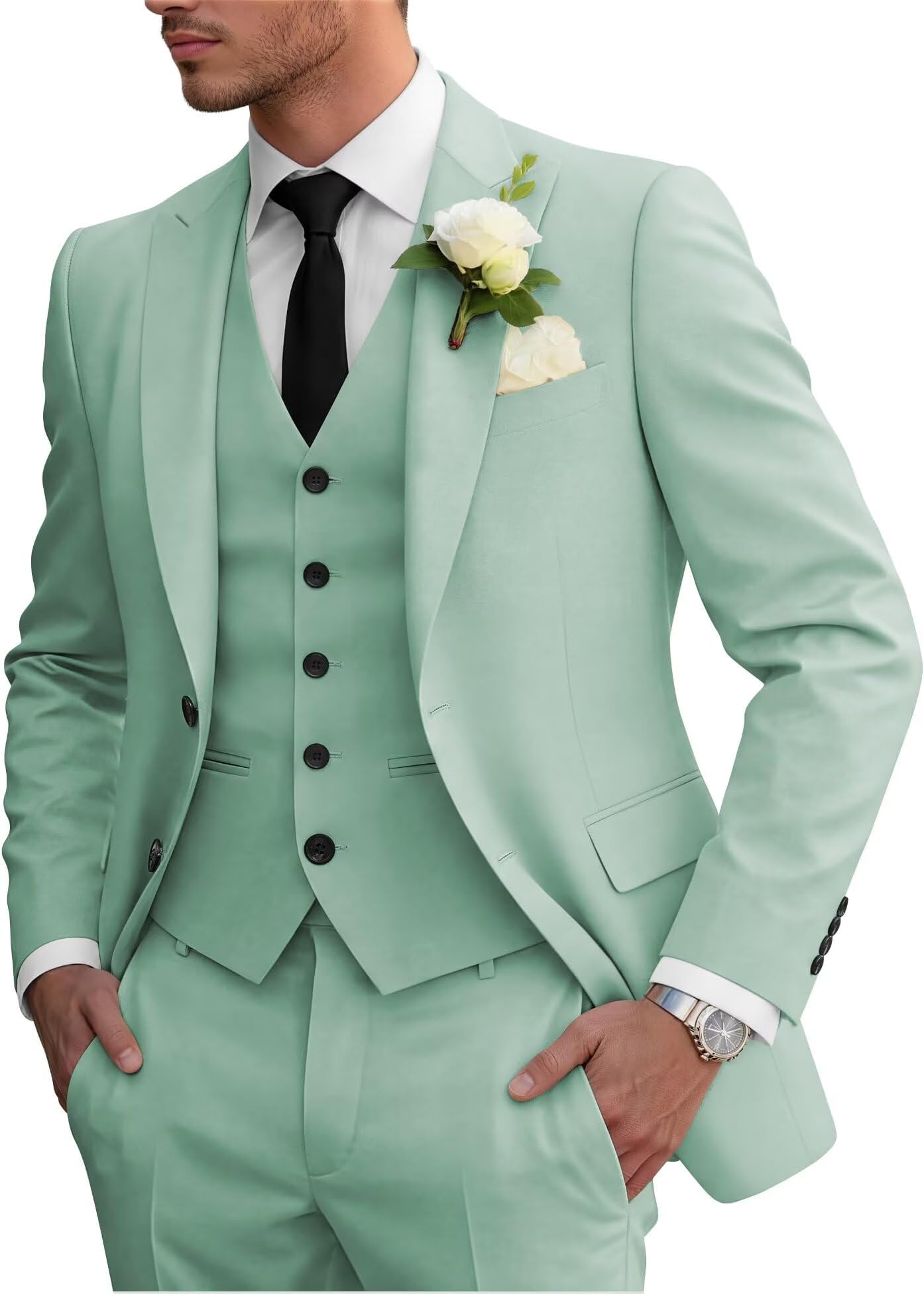 - 3 Piece Men's Suits Slim Fit Sets Elegant Suit for Men Peak Lapel Two Button Solid Jacket Vest Pants Prom