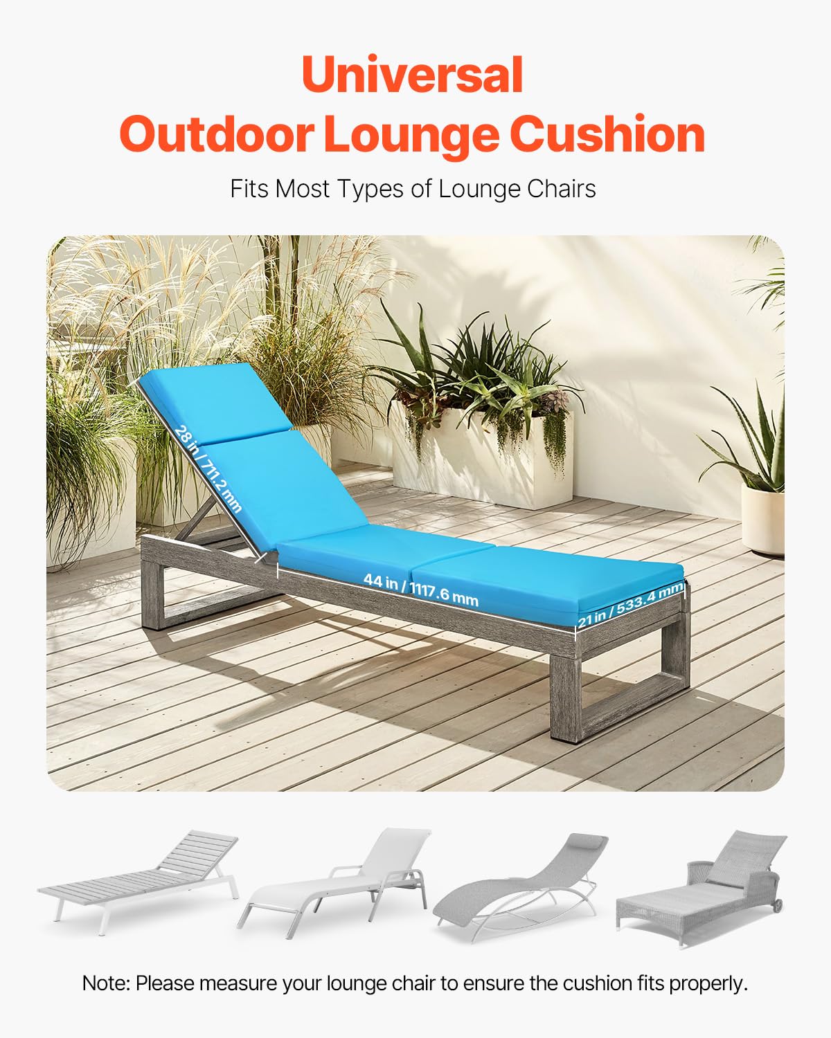 VEVOR Cojín para Tumbona, 2 Piezas, Cojín 1830x533x98 mm para Silla de Jardín Resistente al Agua y a la Decoloración, Cojines de Repuesto para Tumbonas con Lazos para Exterior, Patio, Azul Verdoso