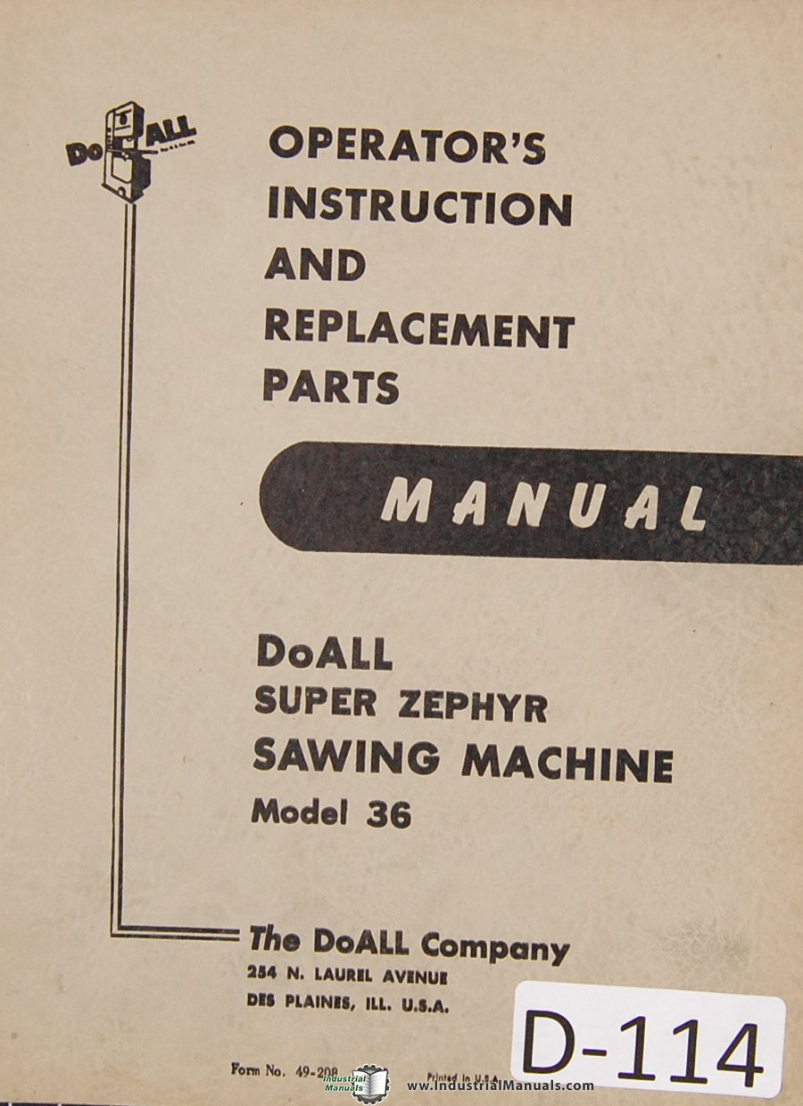DoAll Bandsaw Operators Instruction and Parts Super Zephyr Mdl 36