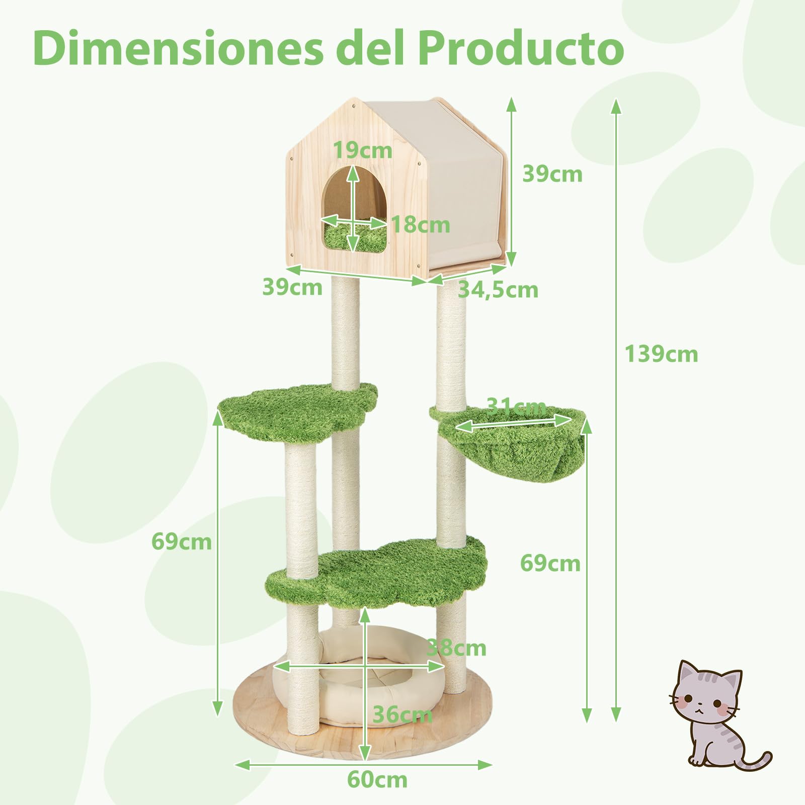 GYMAX Árbol de Escalada para Gatos de 139 cm con Poste Rascador de Sisal y Cueva, Árbol para Gatos con Cama para Gatos, Hamaca, Centro de Actividades de 5 Niveles, Muebles para Gatos