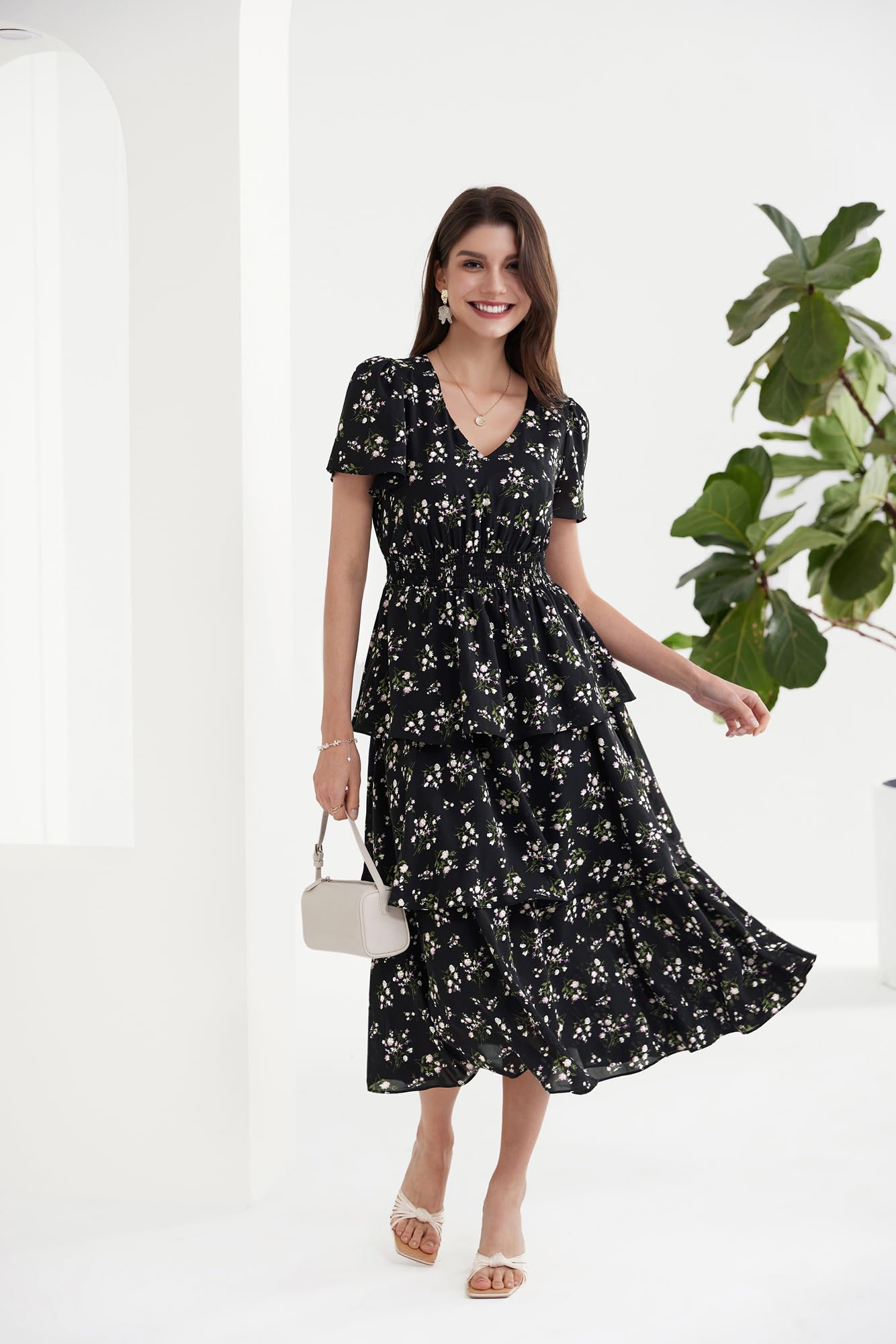 GRACE KARIN Donna Abito Midi Svasato A-Line Scollo V Maniche Corte Vita Elastica