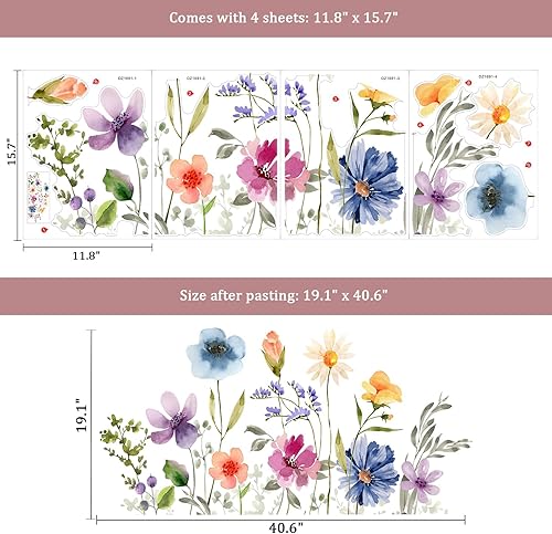 Miniatura 2 de Kingarch Calcomanías de pared de flores florales de acuarela, despegar y pegar, flores silvestres grandes, hojas y vides, calcomanías de pared