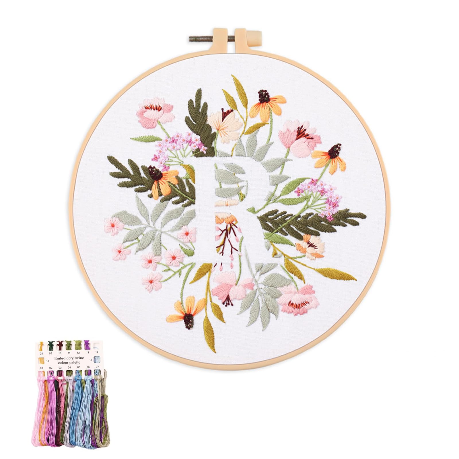 artcici Embroidery Kits Plant Flower Leaf English Letter Patterns for Beginners Adults, Full Range Embroidery Starter Kits Cross Stitch Needlework Supplies (Letter R)