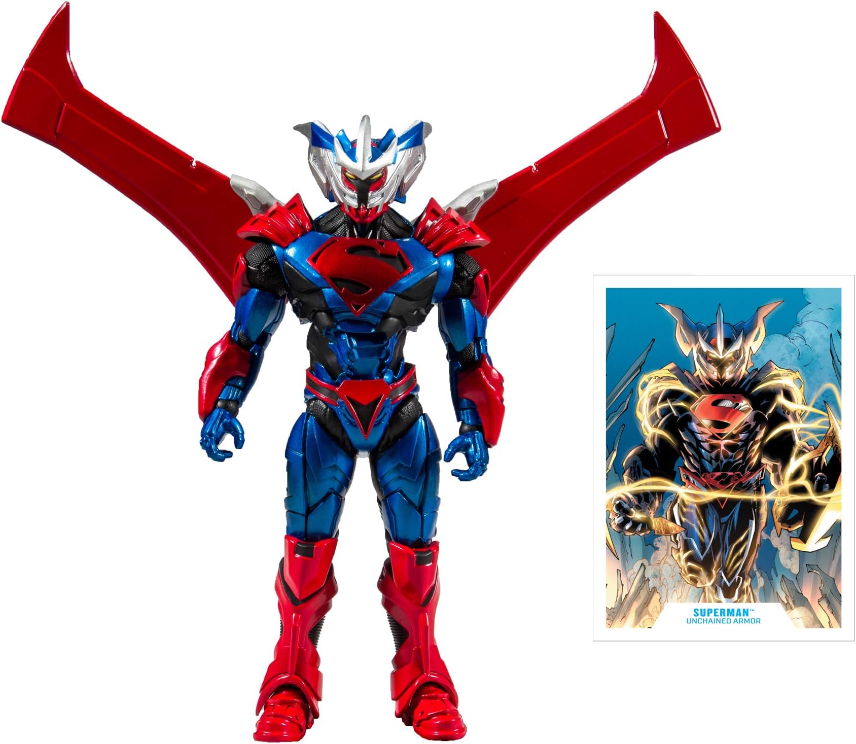 DC Multiverse Superman Unchained Armor Figure with Posable Wings, 22 Moving Parts, Art Card, Ultra Articulation, Window Box Display, Based on Comic Book Character
