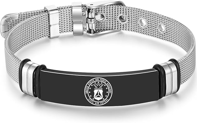 Personalized Stainless Steel Adjustable Size Engraved Bracelets for Men Women,Air Force Auxiliary Civil Air Patrol,US Air Force Army Navy Wristbands, Gifts for Dad and Grandpa Black