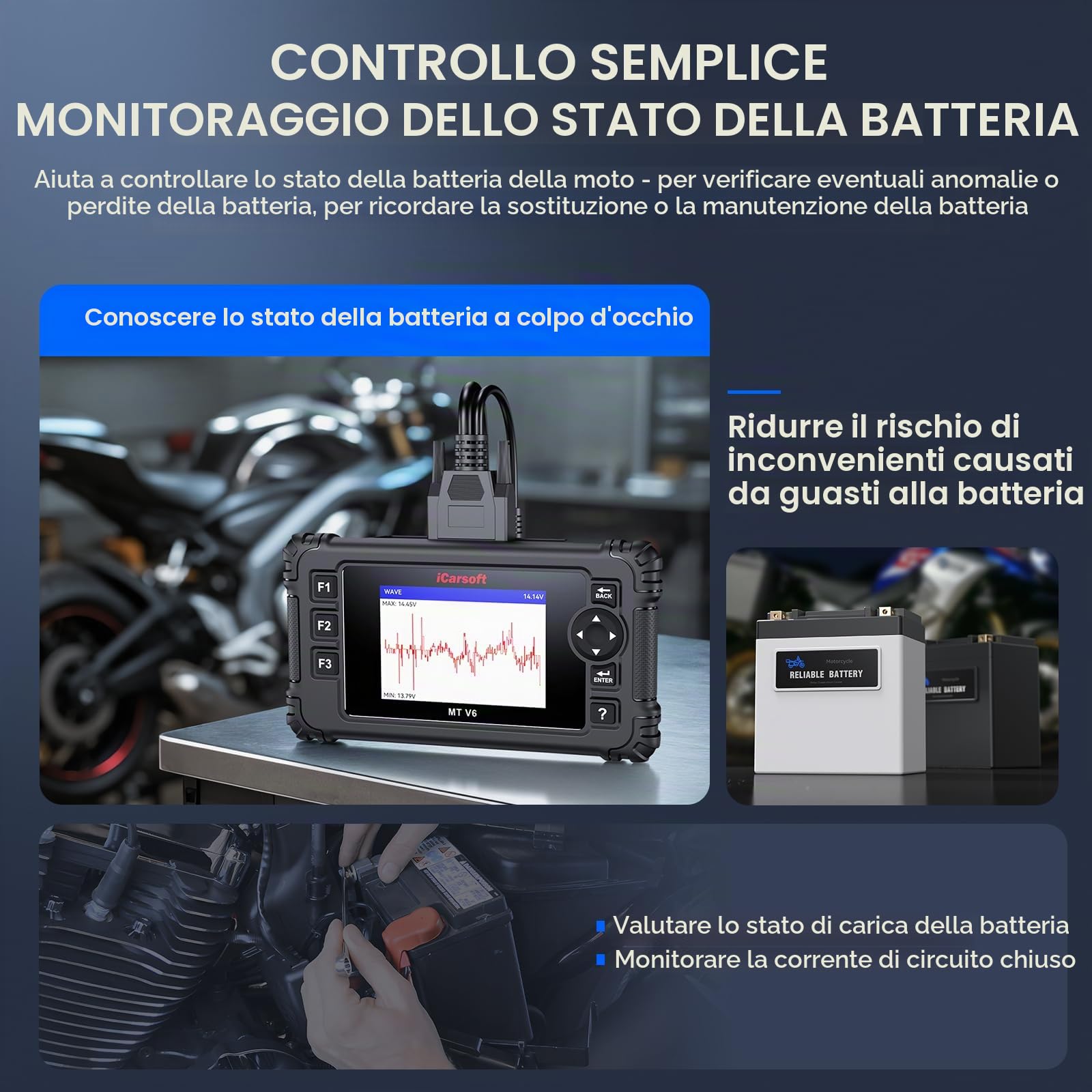 iCarsoft Strumento diagnostico per moto MT V6 per BMW Full System 115 Reset /197 Test di azionamento, lettore di codici scanner OBD2 per moto e auto con spurgo ABS, reset valvola a farfalla, test