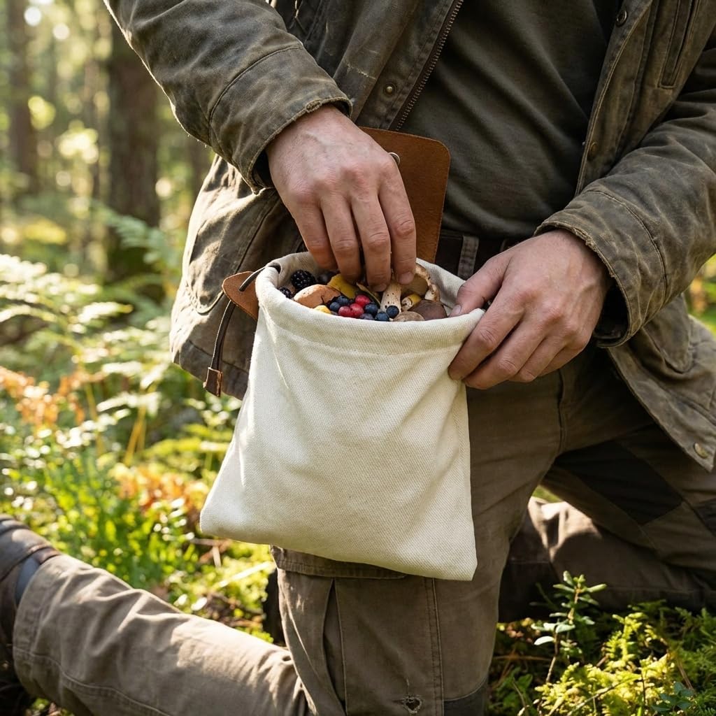 Toprank Leather Foraging Pouch – Collapsible Canvas and Leather Belt Bag for Hiking, Mushroom, Rock & Shell Collecting (Camel/Off-White) - Image 6