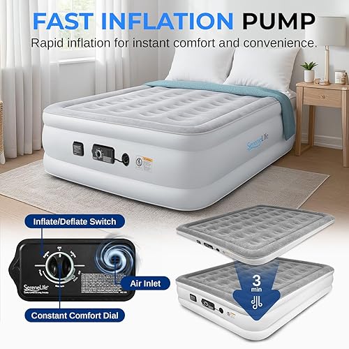 Miniatura 10 de SereneLife Colchón de aire tamaño individual con tecnología ComfortCoil incorporada y bomba interna de alta capacidad Parte superior de colchón