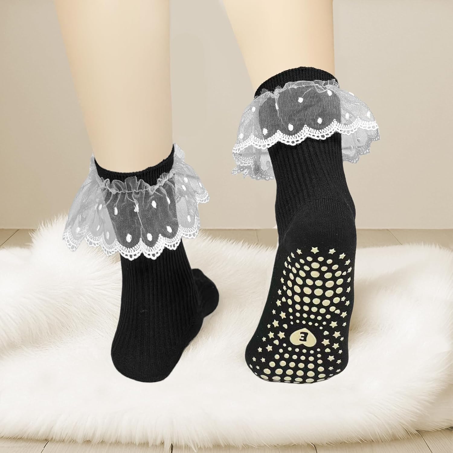 3 Pairs Pilates Grip Socks for Women, Cute Lace Ruffle Yoga Socks Non Slip Barre Frilly Crew Socks - Image 3