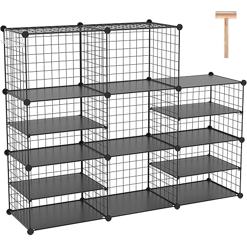 C&AHOME Wire Cube Storage Unit, Interlocking Metal Wire Organizer with Divider Design, Modular Cabinet with Plastic Panels, Bookshelf Stackable Closet Organizer with Small Hooks, Black UWCSIM08B