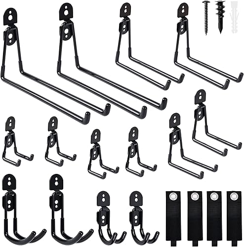 Heevir Ganchos de garaje  Paquete de 18 ganchos de almacenamiento para montaje en pared con 4 correas de almacenamiento de cable de extensión y