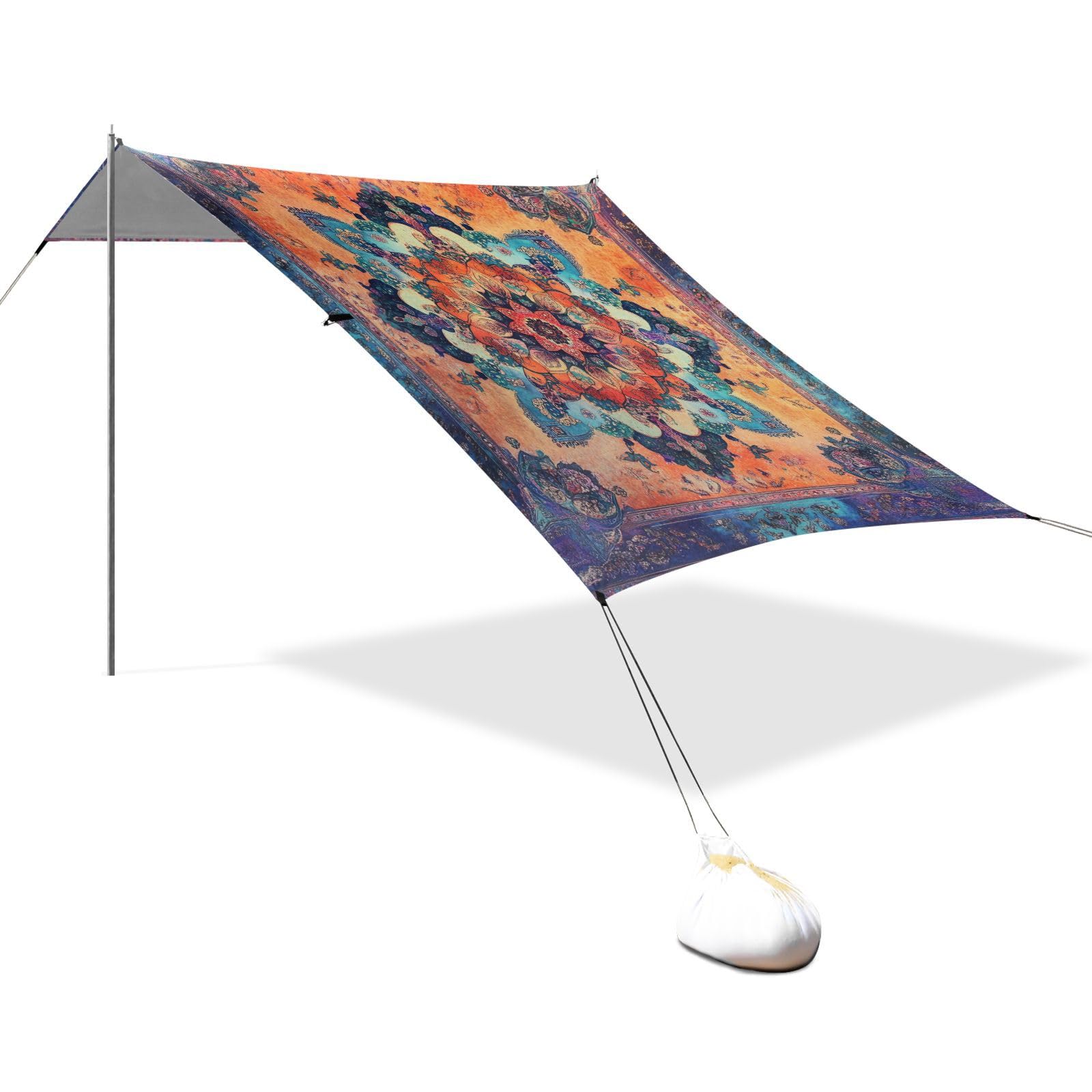Bohemian Pattern Boho Vintage Mandala Foldable Beach Tent UPF50 Easy Setup Large Sun Shelter with Carrying Bag for Backyard, Grassland, Park
