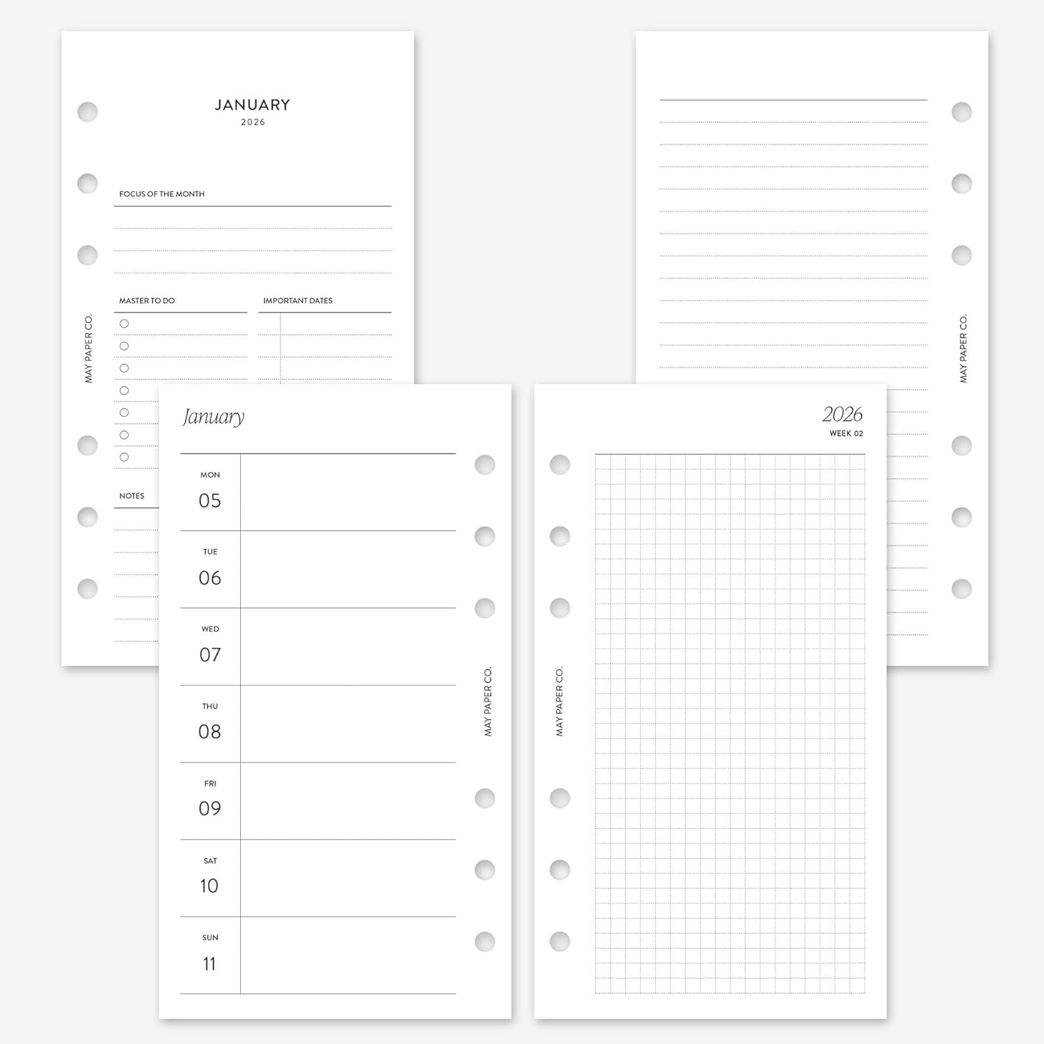 MAY PAPER CO. 2026 Personal Weekly Planner Refill, Week on Two Page Planner Insert for Personal Filofax and LV MM 6 ringed Agenda (Weekly with Grid)