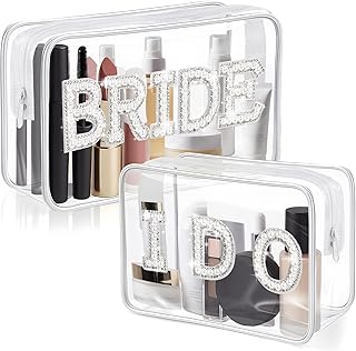 Aliceset 2 Pcs Bride Makeup Cosmetic Bag Clear Bridal Shower Gifts Waterproof Engagement Bachelorette Accessories Bling Pearl Rhinestone Letter Patches PVC Travel Organizer for Wedding Party(White)