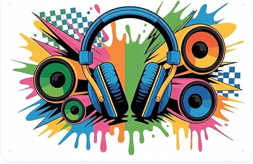 Auriculares, altavoces, música, sistema de sonido retro, letrero de hojalata vintage colorido estampado de metal estético para jardín, patio, bar,