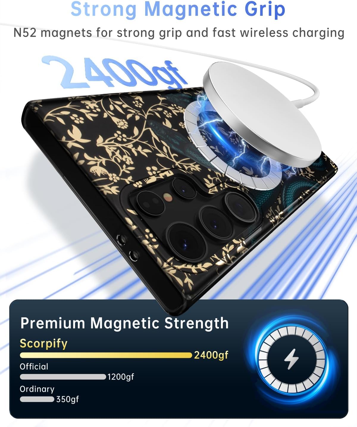 SCORPIFY Compatible with Samsung Galaxy S25 Ultra Case [Compatible with MagSafe] for Matte Black Double Snake Design, Cute Magnetic Phone Cover for Women Girls and Men, Gold Accents