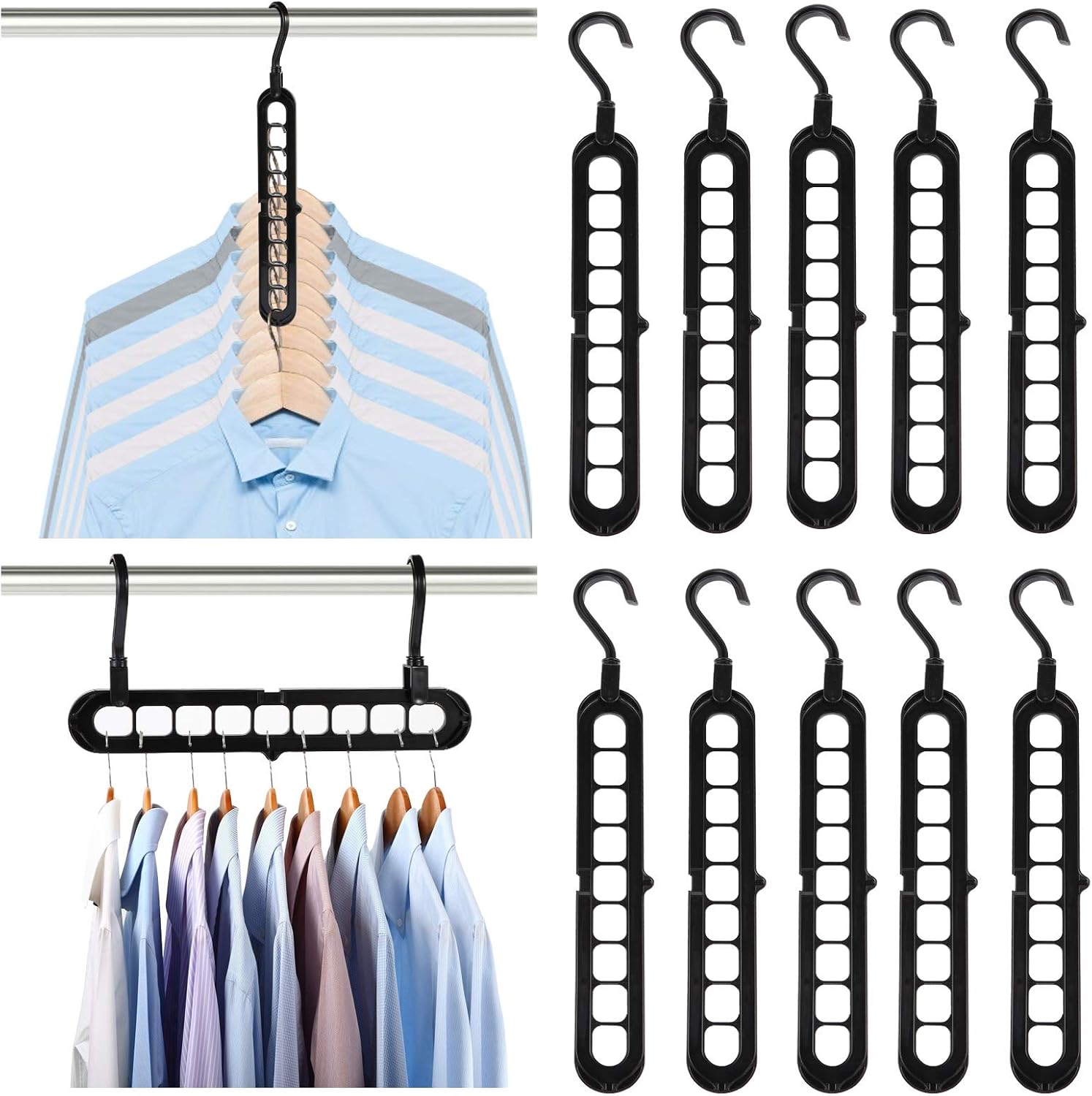 Niclogi Magic Hanger Space Saving Hangers 20 Pack Cascading Hanger 9 Slots Closet Organizer Space Saver Sturdy Plastic for Heavy Clothes（Black）