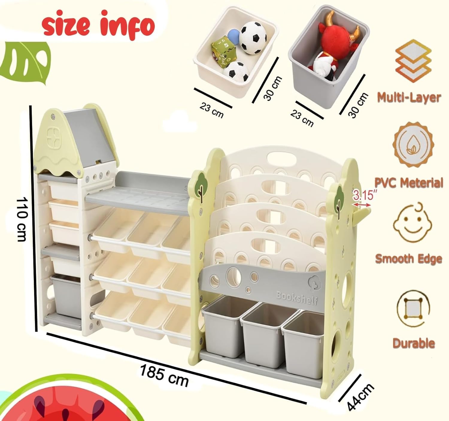 Hukimoyo Large Kids Book Shelf Rack for Home Kids Book Storage with Toy Organiser Bin for Toddlers Baby Toy Storage Organizer Montessor Books Storage Organiser for Kid (185 x 44 x 110cm) - Image 2 thumbnail