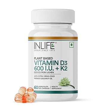 INLIFE Plant Based Vitamin D3 K2 Supplement from Lichen Source with Extra Virgin Cold Pressed Coconut Oil for Bone Health & Immune Support, 600 IU - 60 Vegetarian Capsules (Pack of 1) - image, photos