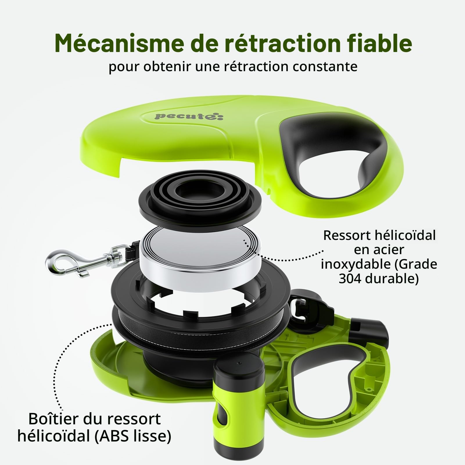 Pecute Laisse rétractable pour Chien avec Support de Sac à déjections Canines, 10 m / 32ft, avec 360 °, Anti-nœuds, poignée antidérapante et Bouton de Frein Rapide, Convient pour Les Chiens pesant
